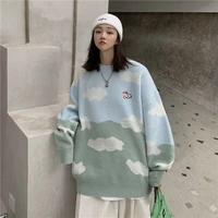 autumn and winter new round neck loose simple fashion trend casual korean color matching printing japanese lazy wind top