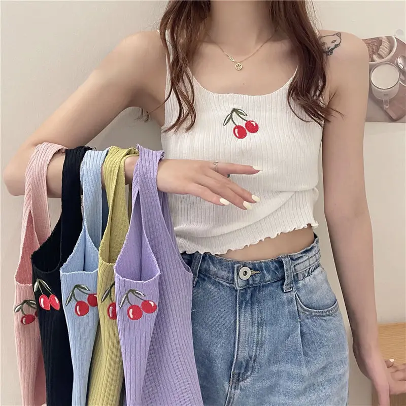 

Женские топы, кавайные майки, летние майки с вышивкой вишни, трикотажный топ без рукавов Y2k, кроп, сексуальная облегающая женская одежда для ...
