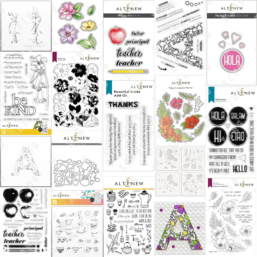 

2022 joy Dies Set Educators Rule Always Be Kind hello Friend Inside Add-on Stamps Poppy Arrangement All Things Tea Time Stencils