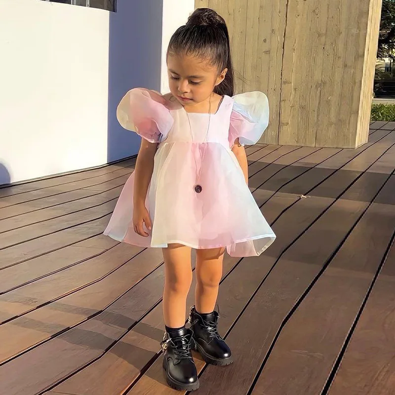 

2022 Summer New Girls' Toddler Puff Sleeve Dresses Children's Kids Organza Mesh Rainbow Color Cute Bubble Skirt Princess Dress