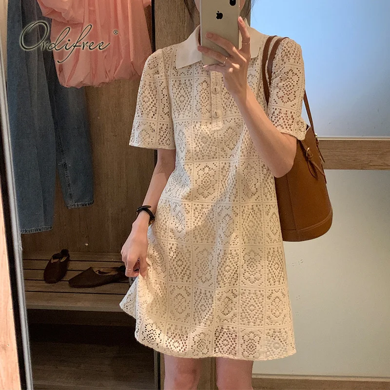 

Ordifree 2022 Summer Korean Style Women Mini Dress Short Sleeve Loose Casual White Lace Beach Dress