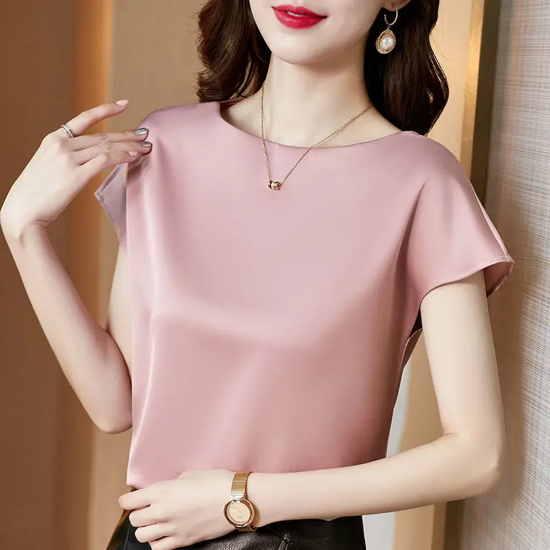 

Stretch Satin Fabric Top Office Lady Bottoming Shirt Women's Spring and Summer Silky Shoulder Short-sleeved T-shirt