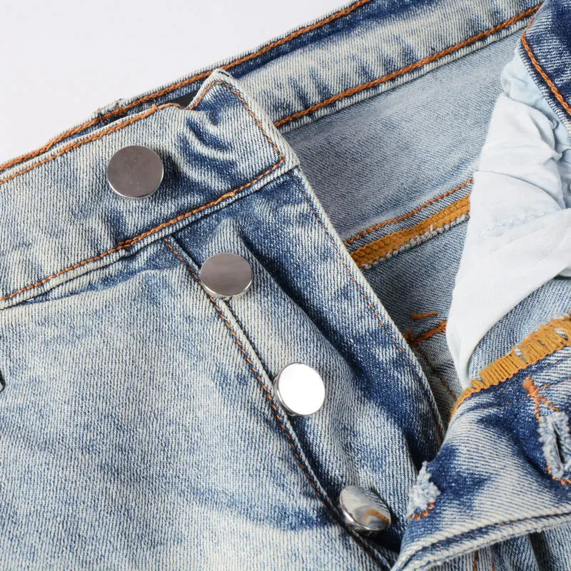 Street Fashion Men Jeans Retro Light Blue Elastic Stretch Skinny Fit Ripped Jeans Men Pink Patched Designer Hip Hop Brand Pants