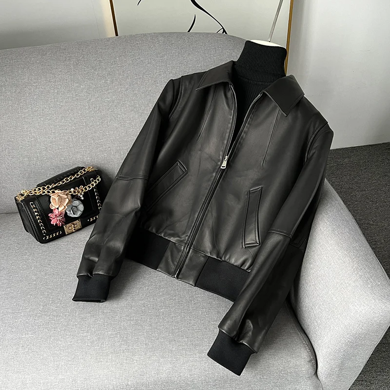 Lady Leather Jackets Solid Vegetable Tanned Genuine Sheepskin Coats Motorcycle Streetwear 2022 New CL4011