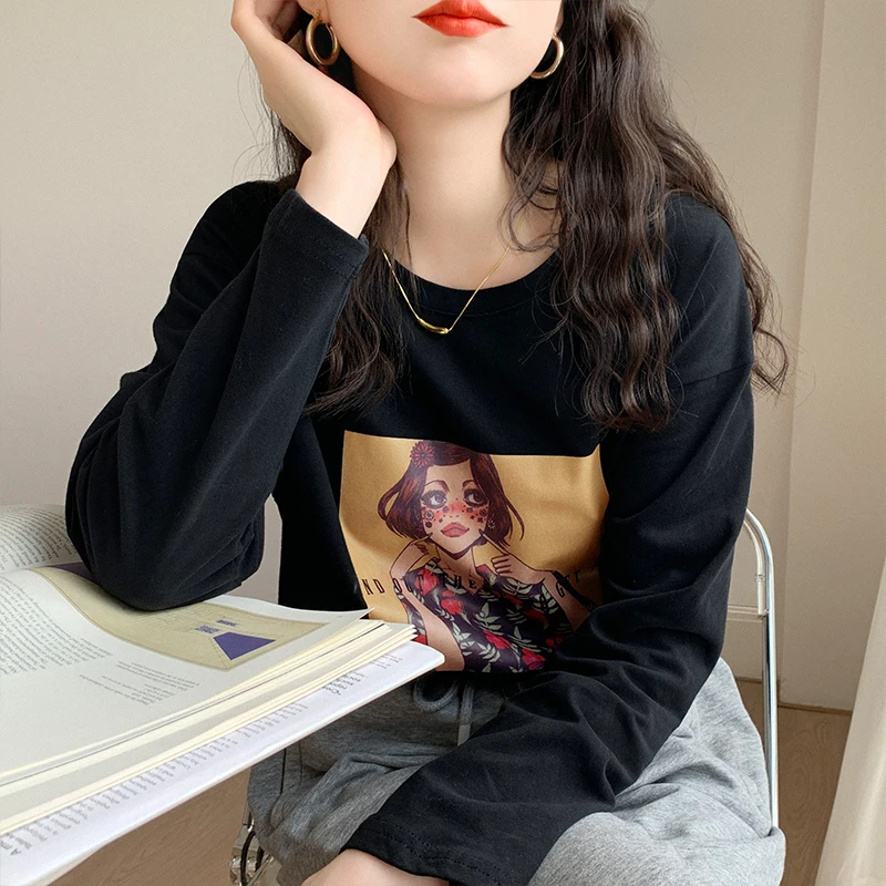 

2022 spring and autumn black long-sleeved t-shirt women's inner loose round neck printed cotton foreign gas shirt top