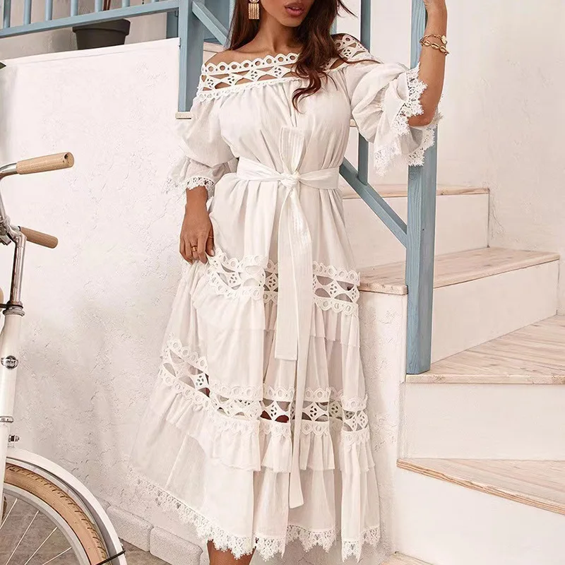 

Повседневные летние платья с высокой талией и оборками 2022, элегантные однотонные свободные платья в стиле бохо, шикарное платье с вырезом лодочкой и расклешенными рукавами для женщин
