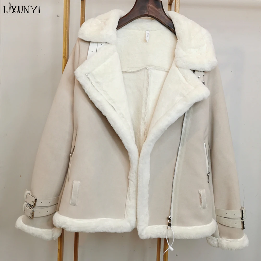 Women Winter Suede Lambs Wool Jacket Female High Streetwear Plus Cashmere Thicken Warm Long Sleeve Shearling Fur Sheepskin Coats