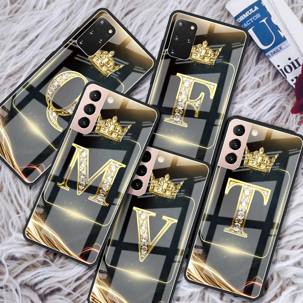 

Glass Phone Case For Samsung Galaxy S21 Ultra S20 FE S22 S10 S9 S8 Plus Note 20 10 9 Luxury Funda Cover Black Gold Letters