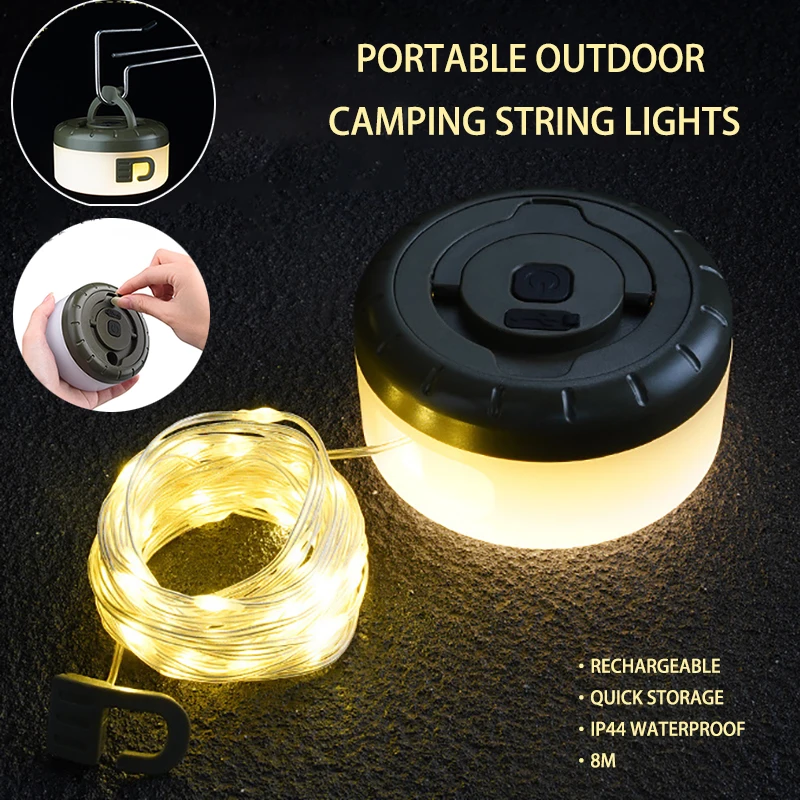 

Portable 2 in 1 Rechargeable outdoor Camping string Lamp Lighting Light IP44 Waterproof LED String Lamp Atmosphere Light 8m