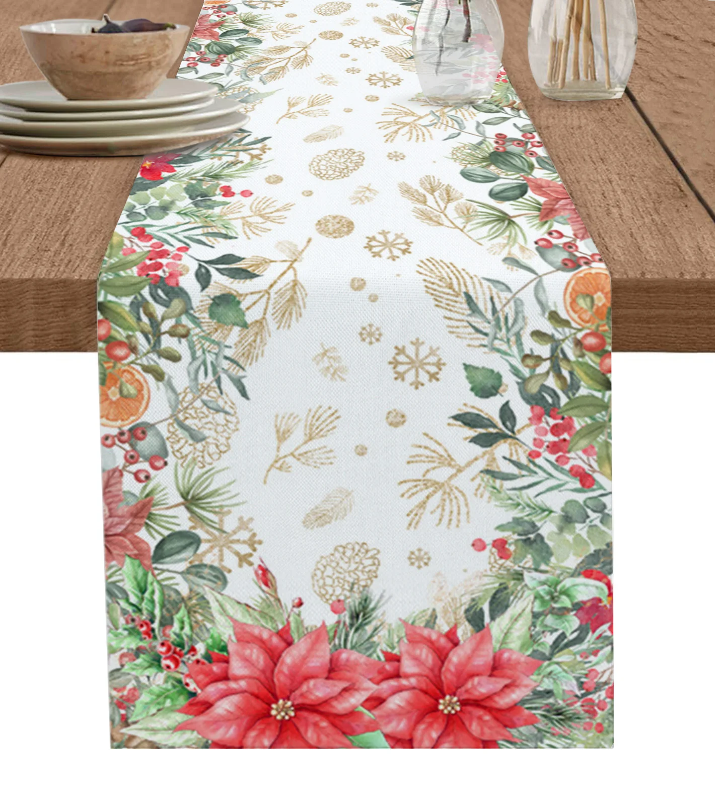 

Home Decor Table Runner Wedding Decoration Tablecloth Kitchen Table RunnersChristmas Flowers And Pine Leaves