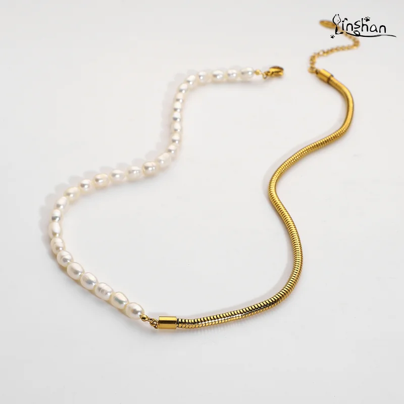 

Lin Shan New Dainty Plated Freshwater Pearl Mixed Chain Necklace For Women Girls Fine Stainless Steel Jewelry Drop Shipping Gift