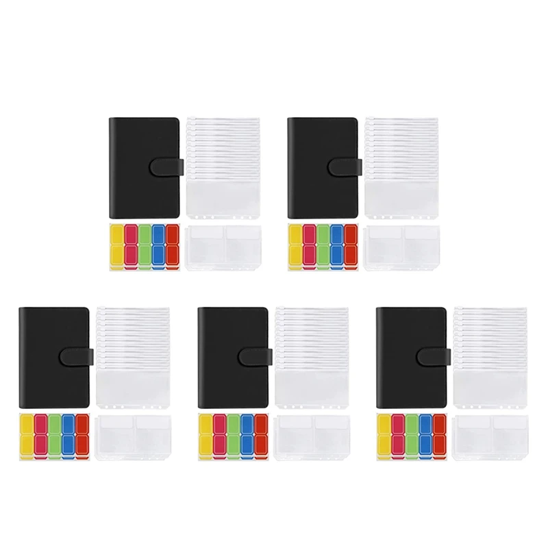 

5X14 упаковочных пакетов A6 с кожаным покрытием, 6 колец, бюджетная папка с конвертом для наличных денег, папка для экономии денег (черная)