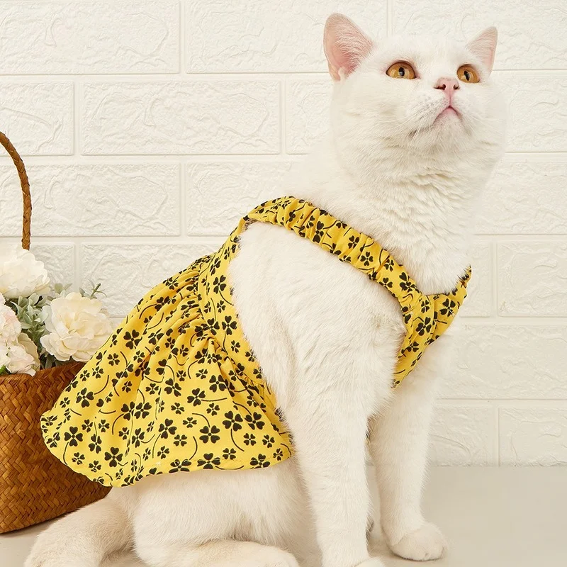 

Suspender Skirt Kitten Dogs Clothes Four Leaf Clover Print Dress Small Dog Clothing Cat Japanese Sweet Summer Yellow Clothes