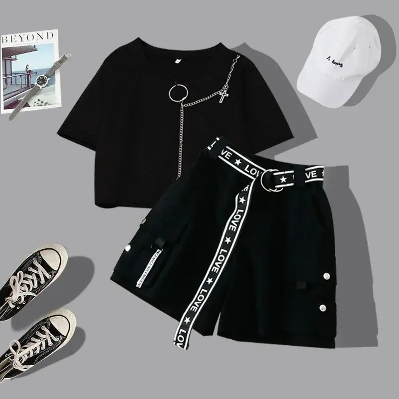 

Students Clothing Set For Girls Summer Black Short Sleeve T-Shirt + Shorts Clothes Suit Tracksuits