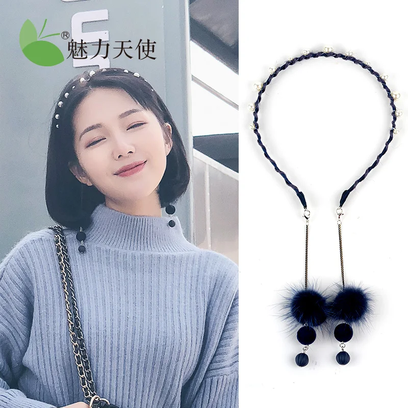 

Korean Lady Simple Headband Pseudo Earrings Fur Ball Tassel Headband Imitation Pearl Sweet Mori Girls Adult's Hair Accessories