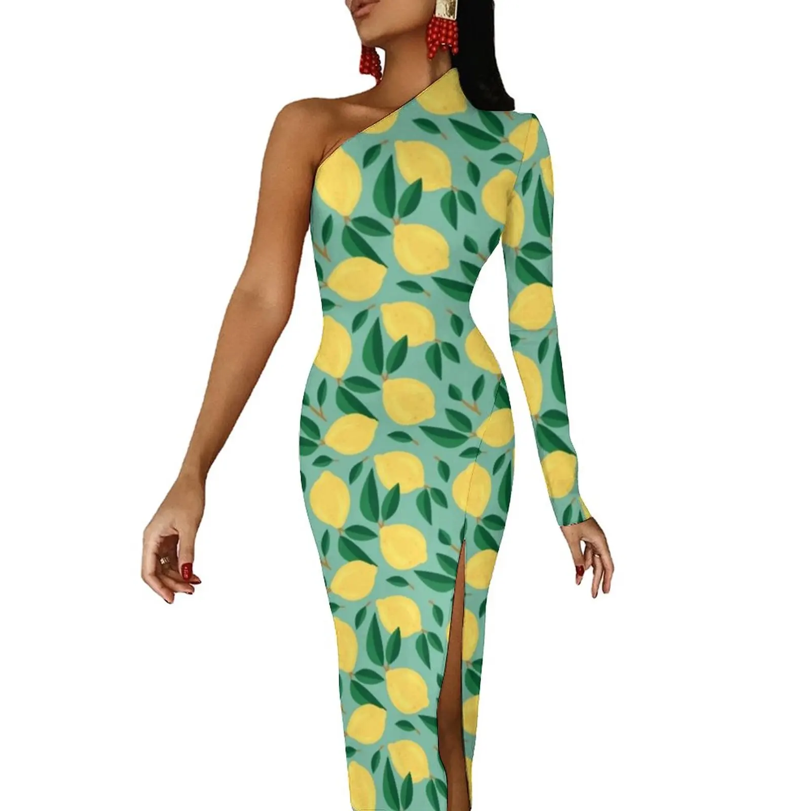 

Marley Lemon Maxi Dress One Shoulder Cute Fruit Print Sexy Bodycon Dress Spring Street Wear Long Dresses Female Design Clothes