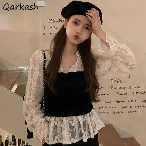 Flare Sleeve Blouse Women Fake 2 Pcs Lace Aesthetic Spring Elegant Holiday Streetwear Vintage Female V-neck Simple Sweet Popular