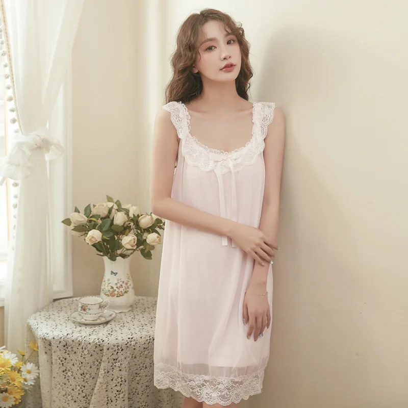 

Весенне-летняя пикантная кружевная ночная рубашка на бретелях средней длины из модала, сетчатая Пижама, Женская домашняя одежда, летнее платье, одежда для сна