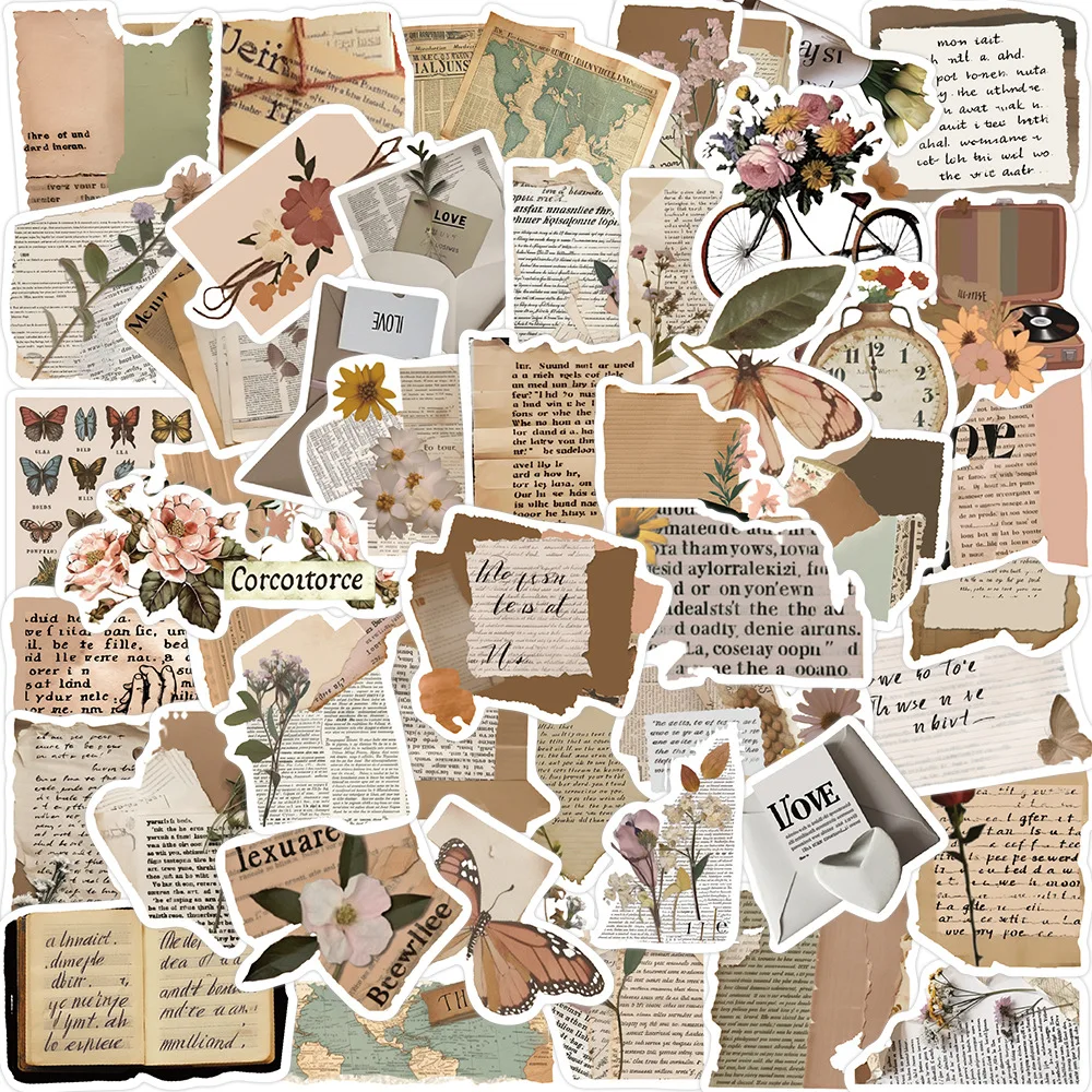 

50pcs Retro Fragment Text Graffiti Sticker Decoration Guitar Computer Laptop Suitcase DIY Waterproof No Glue Sticker Toys