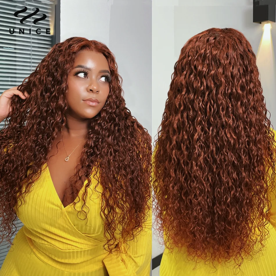 UNice Hair Reddish Brown Water Wave Lace Front Wig Human Hair Pre Plucked 13X4 Lace Wig Dark Auburn Human Hair Frontal Wigs