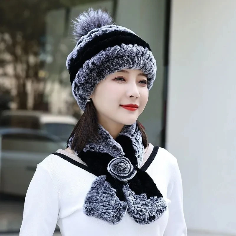 Warm Rabbit Fur Hat Women Knitted Beanie Hat for the Cold 2023 New Arrival Plush Headgear Black White Russia Hat Scarves Set