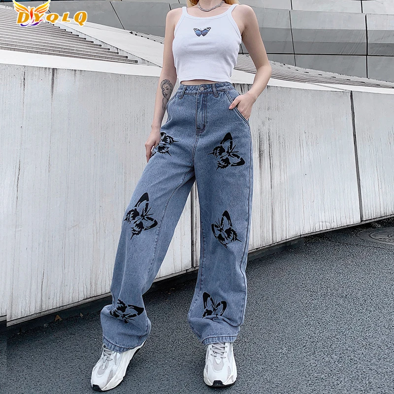 

2022 Women's High Waisted Jeans Butterfly Print Straight Wide Leg Denim Pants Baggy Loose Casual Trousers Streetwear