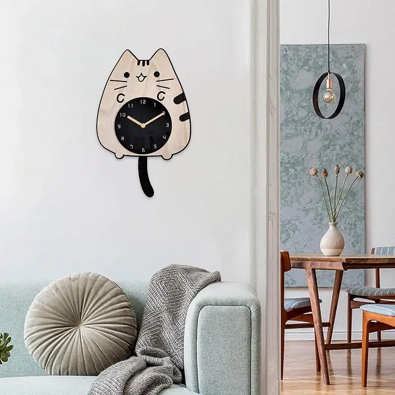 

Children Room Decor Wagging Tail Creative Quiet Quartz Digital Swinging Clock 3D Wooden Cartoon Cats Wall Clock Home Decoration