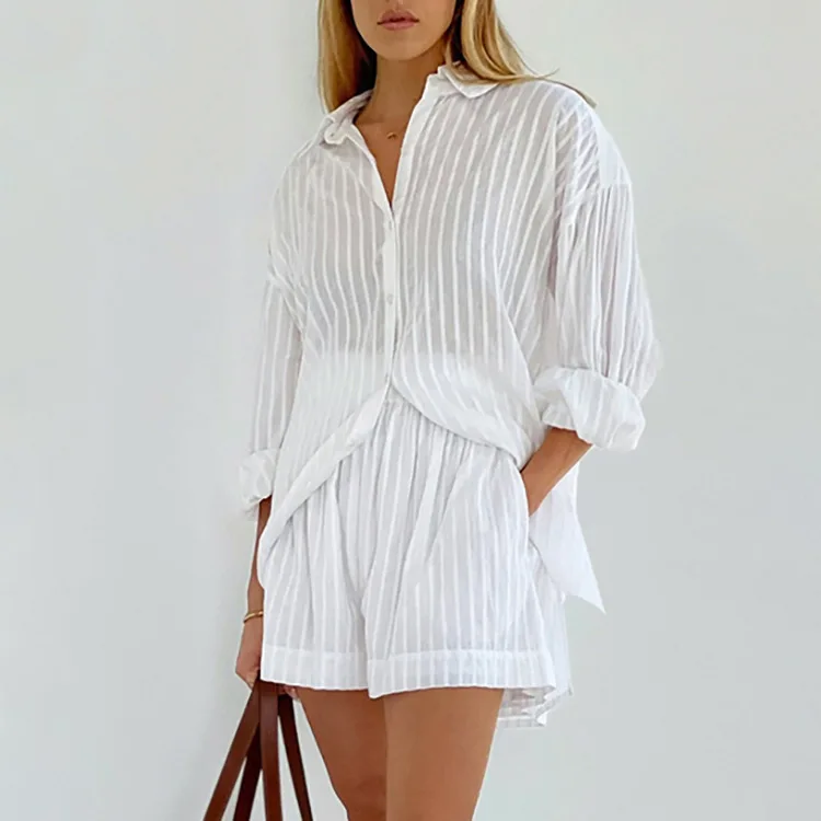

Women Two-piece Fashion Jacket With French Striped Bubble Sleeves In Spring Single-breasted Loose Casual Suit With Design Sense