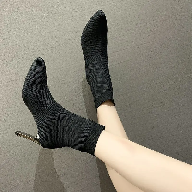 New Stretch Knit Boots Women's Autumn Winter Pointed Toe Thick with Middle Tube Pointed Toe Thin Boots High-heeled Ankle Boots