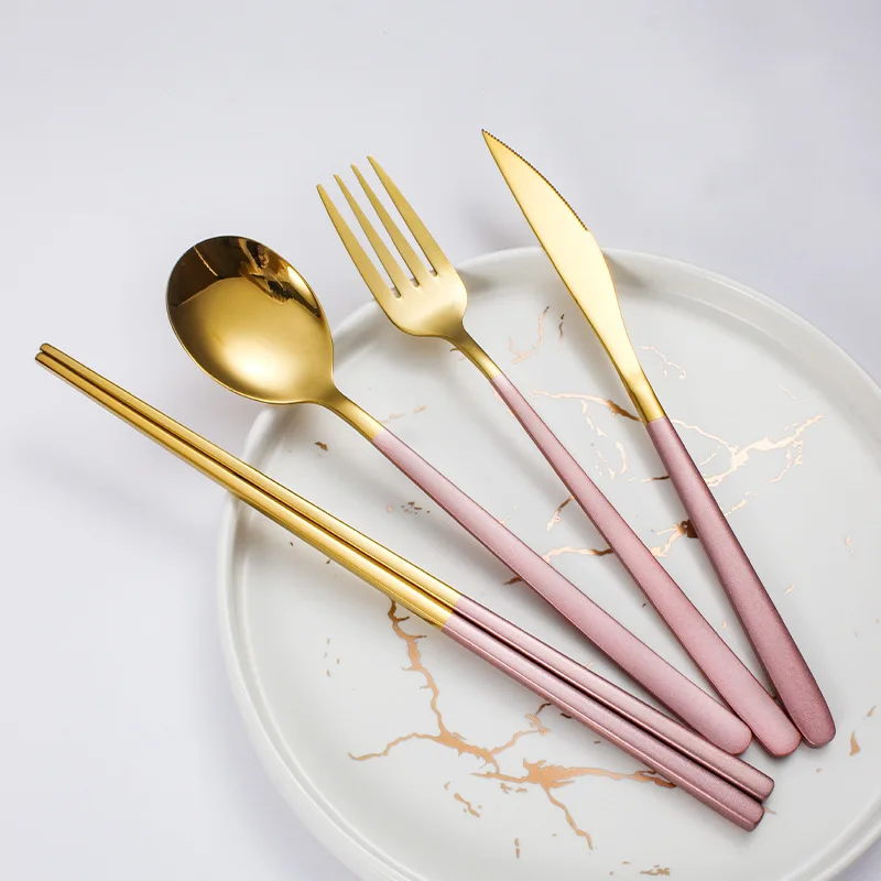 

Food Grade 304 Stainless Steel Tableware Chopsticks Knife Fork Spoon Set Delicate Feel Dinnerware Set Flatware Kitchen Tableware