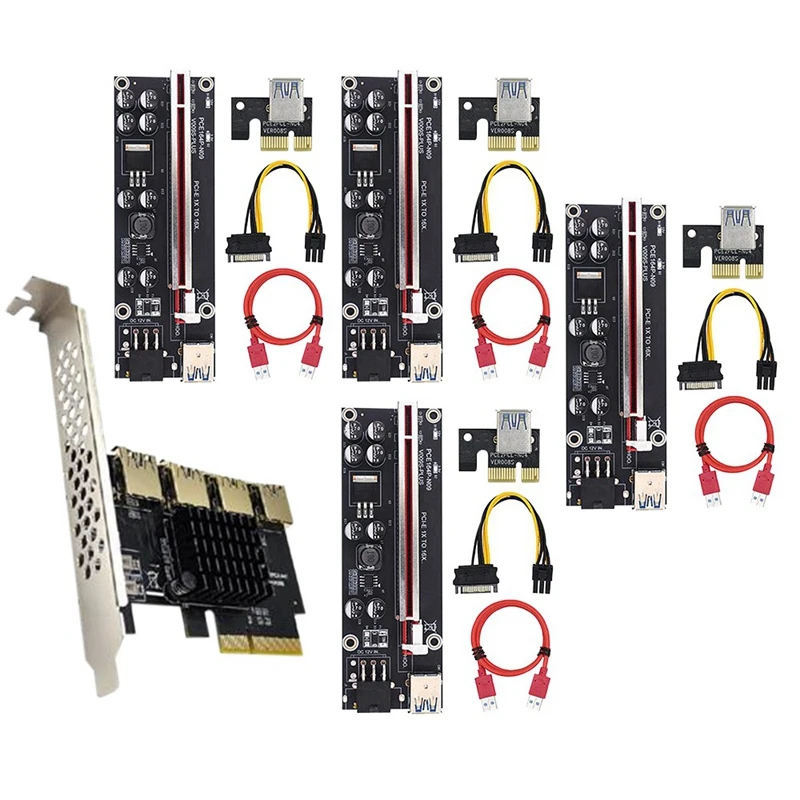 

PCIE 4X To 4 Port USB 3.0 PCI-E Riser 4X To16x Expansion Card, With PCIE 1 To 4 Riser VER009S PLUS PCI Express Card Set