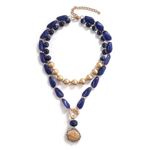 WEALTHYBOO Многослойное ожерелье из синего камня с золотыми бусинами