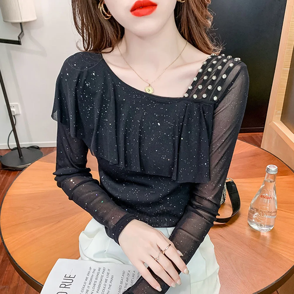 

New 2022 Summer Long Sleeve Women Tops Tees Fashion Casual Slash Neck Mesh T-Shirt Ruffles Blusas