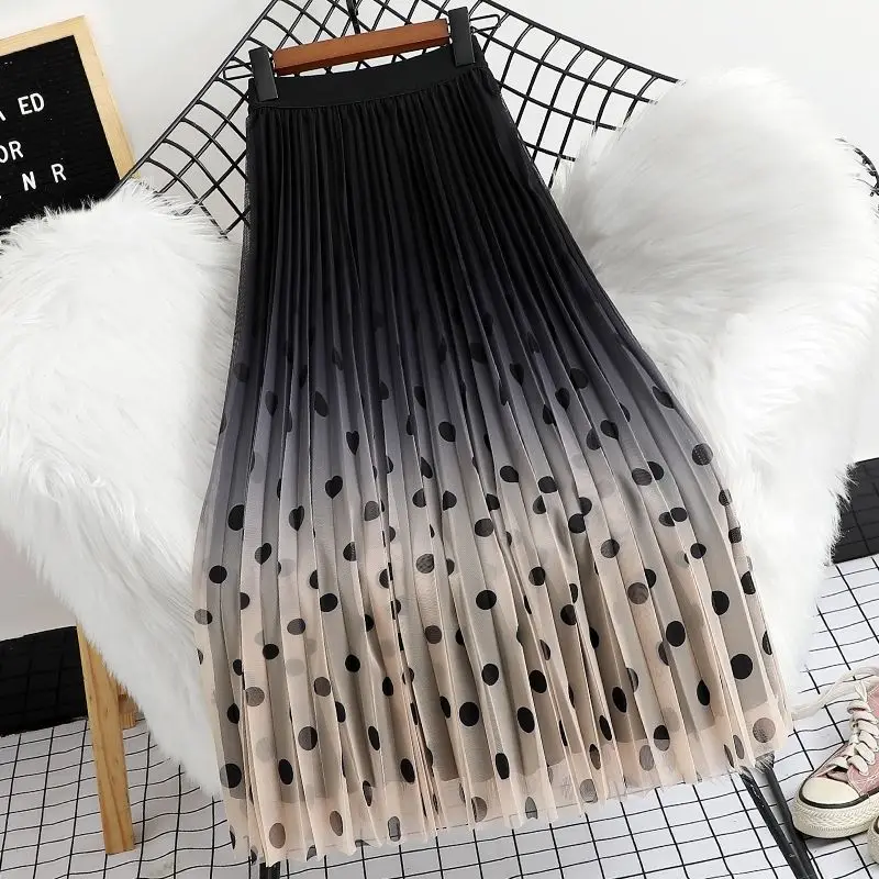 

Long Sweet Tulle Skirt Women Vintage Dot Print Elastic High Waist A-line Mesh Pleated Skirt Female Jupe Summer Tutu Skirts