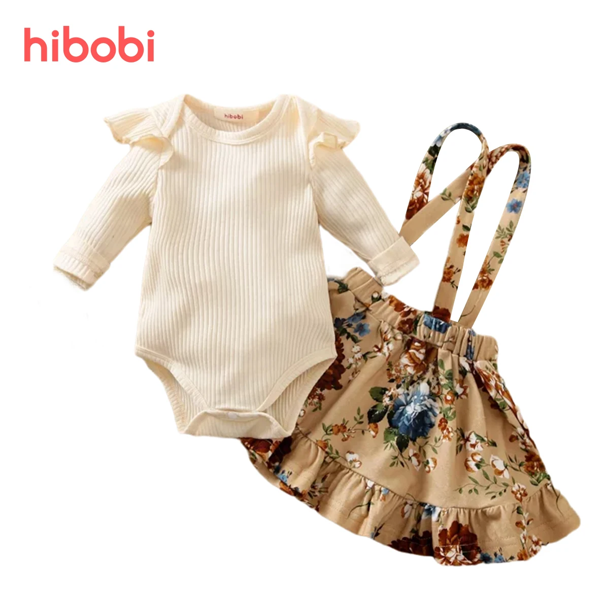 

hibobi Baby Girl Ruffle Romper & Floral Suspender Skirt & Bow Headband Set for 0-18 Months Girls Flower Outfit