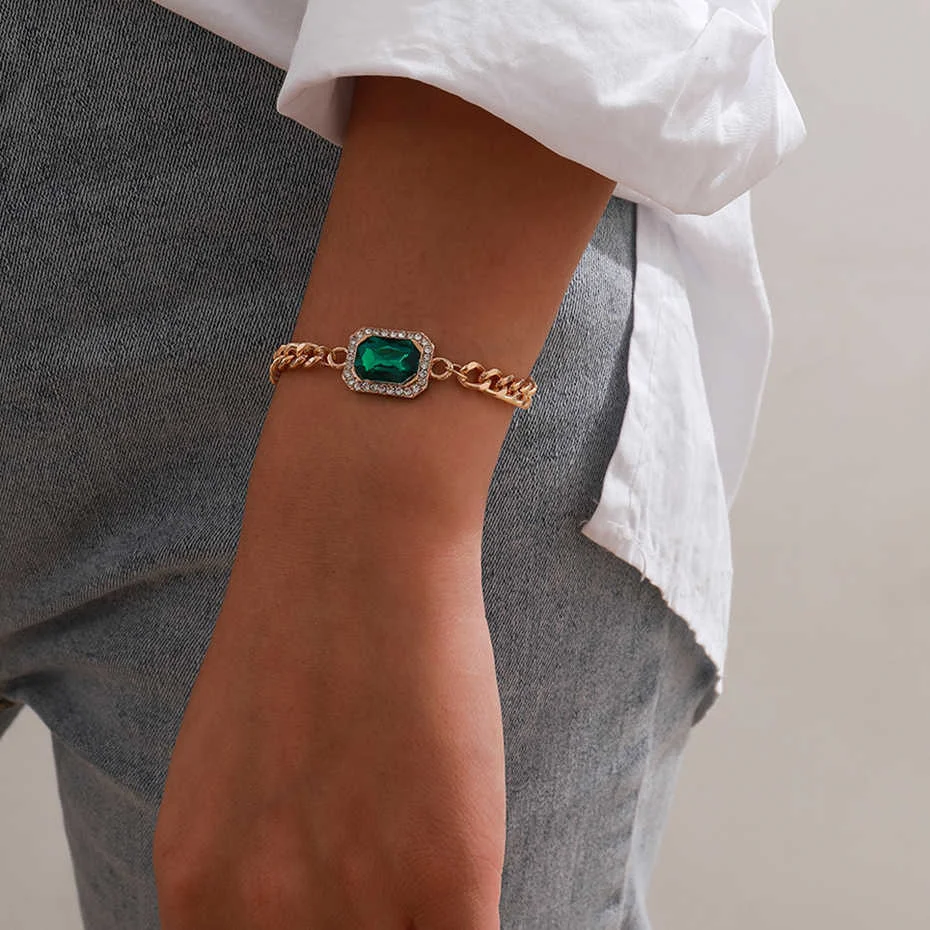 

IngeSight.Z Shiny Green Color Rhinestone Crystal Bracelets Bangles Charm Elegant Curb Cuban Wrist Chain Bracelets Women Jewelry