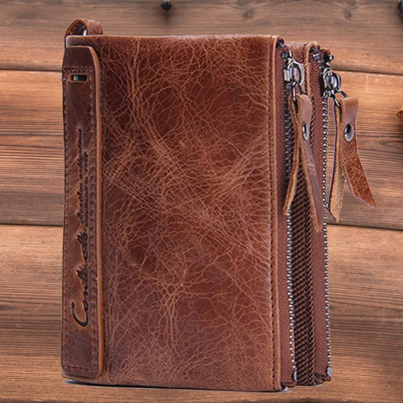 Fashion Small Oil Wax Leather Men Stylish Zipper Wallet High Quality Short Credit Card Holder Purse