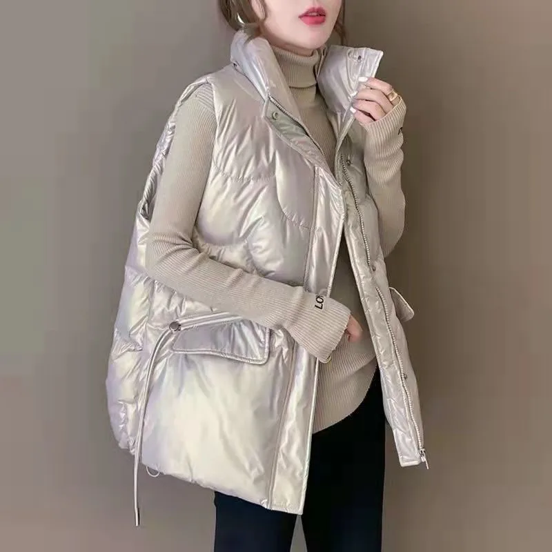 2023 NEW Women's Down Cotton Vest Coat Autumn Winter Short Stand Collar Sleeveless Cotton Jacket Female Casual Quilted Waistcoat
