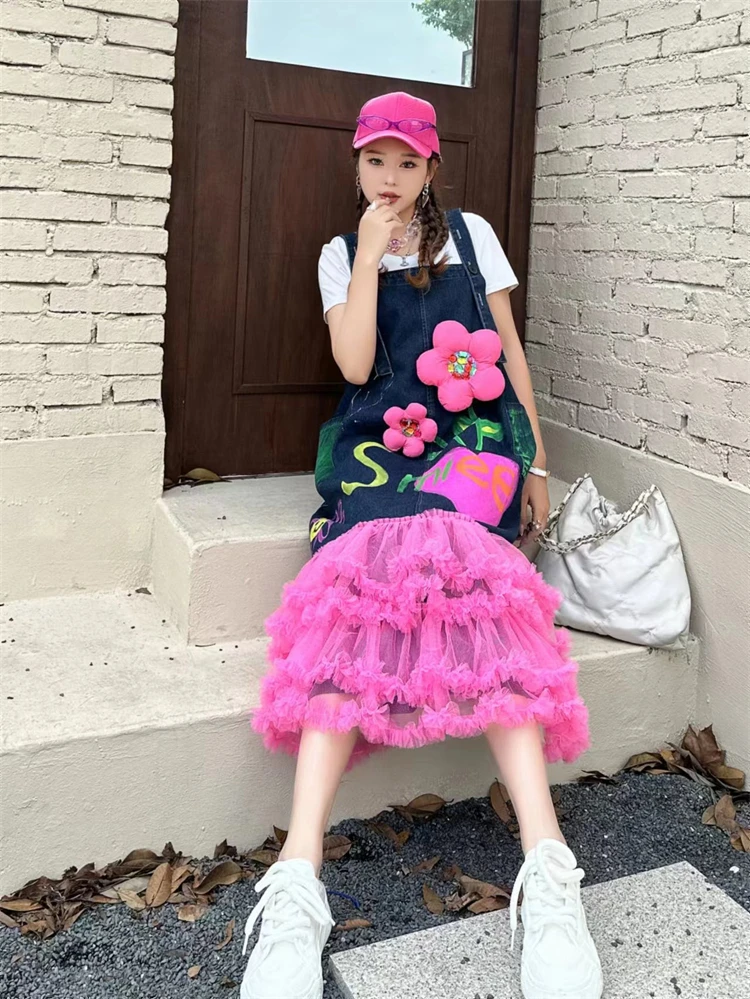 Женское джинсовое платье на бретельках голубое или розовое длинное Сетчатое из