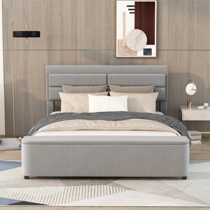 

Grey Queen Size Upholstery Deck Bed Contains Storage Headboard and Foot Pedals and Support Legs Modern Style Sturdy and Durable