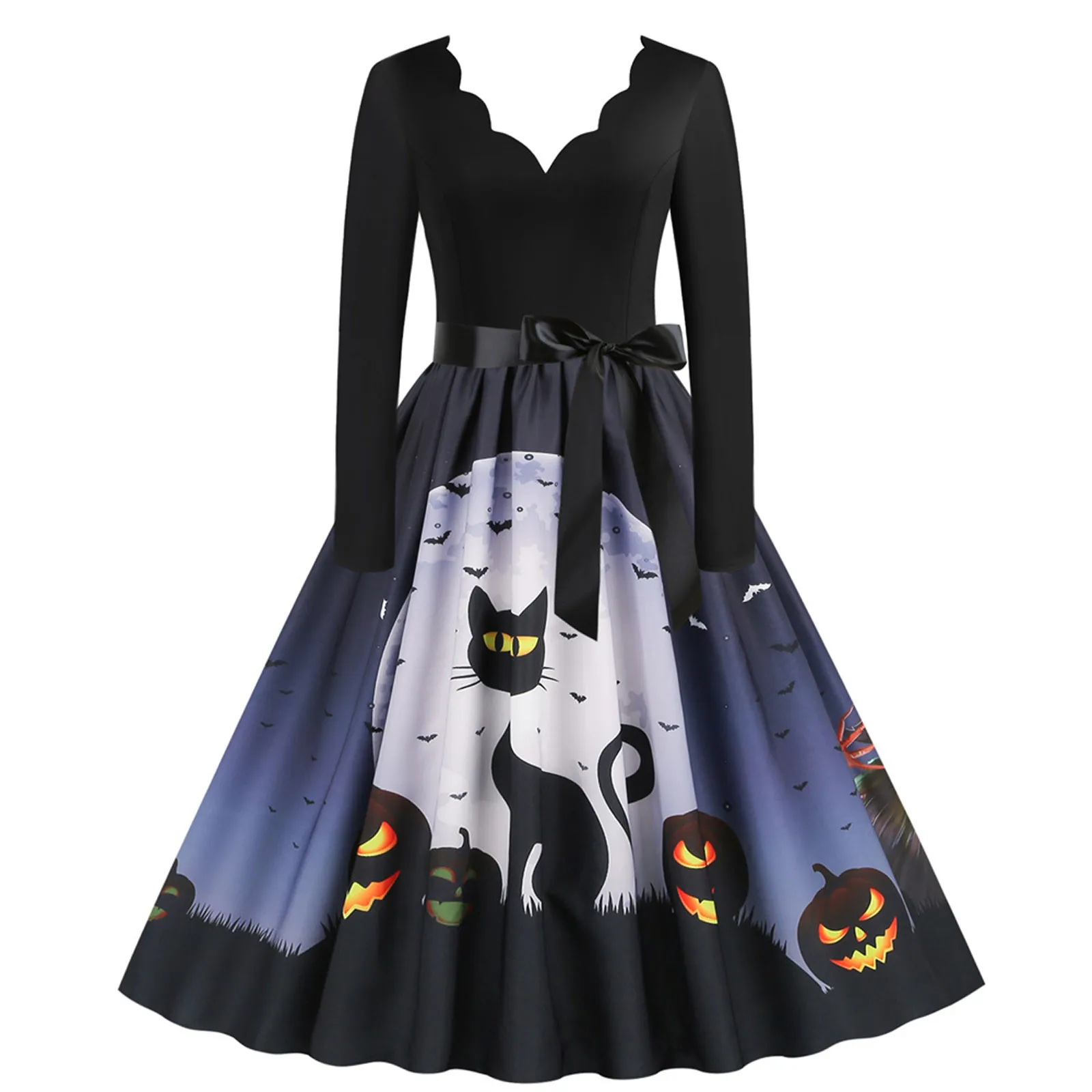 

1950s Big Swing Dress Halloween Costumes Women Vintage Long Sleeve V Neck Housewife Ball Gown 50s 60s Evening Party Prom Dress
