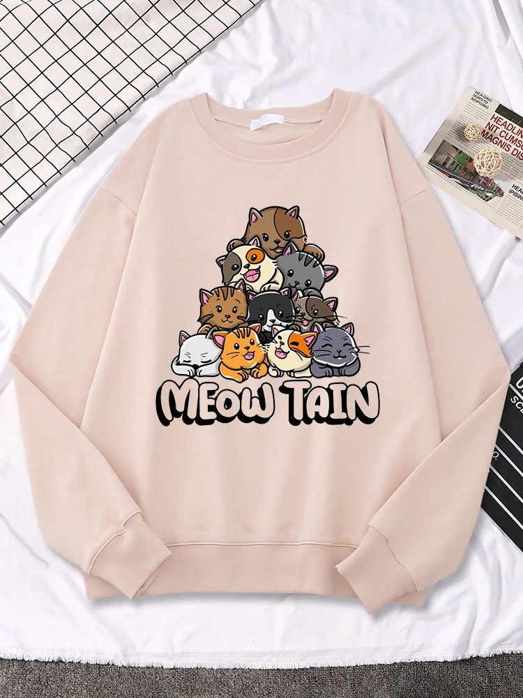 

Meow Tain Cat Mountain Prints Womens Pullover Fleece Cartoons Hoodies Creativity Casual Sportswear Soft Crewneck Woman Clothing