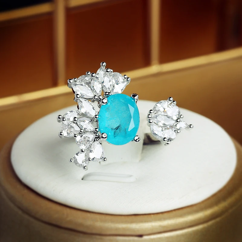 

Creative Irregular Paraiba Flower Leaf Oval Sapphire Full Diamond Couple Ring For Women Geometric Zircon Anniversary Gift Jewelr