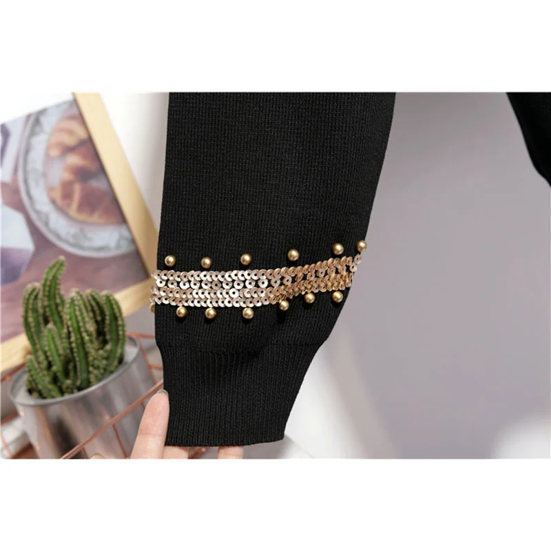 Черный вязаный спортивный костюм с бисером и блестками Феникс женская одежда