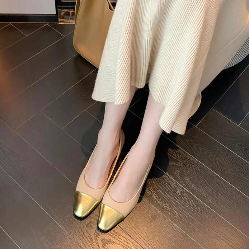 Round head spring sheepskin patchwork simple women's shoes with square heel and rib soles women shoes