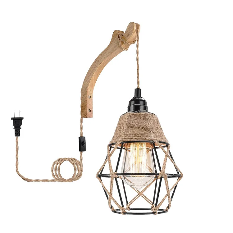 

Rural Triangle Solid Wood Rope Pendant Wall Lamp with Wrought Iorn Cage Shade E27 LED Edison Bulb Hemp Rope Wall Sconce