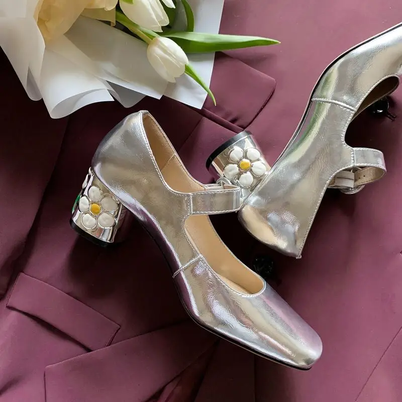 Natural Genuine Leather Women Heels Shoes Fashion Flower Designs Birthday Party Wedding Shoes Fashion High Heel Shoes