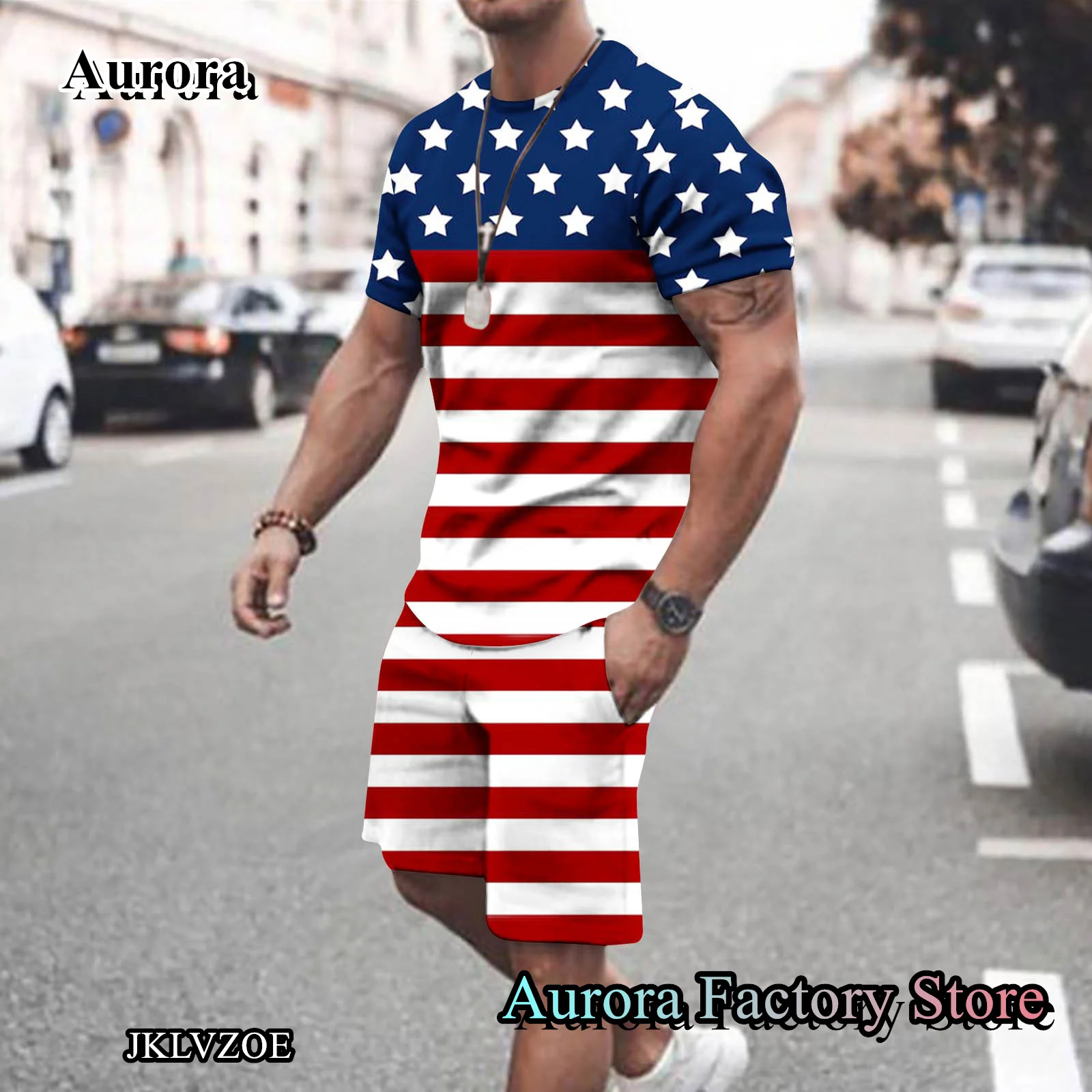 

Men Summer Fashion Tracksuit 2 Pieces T-Shirt Shorts Casual Outfit Set Male 3D American Flag Printed Clothing Oversized Suit