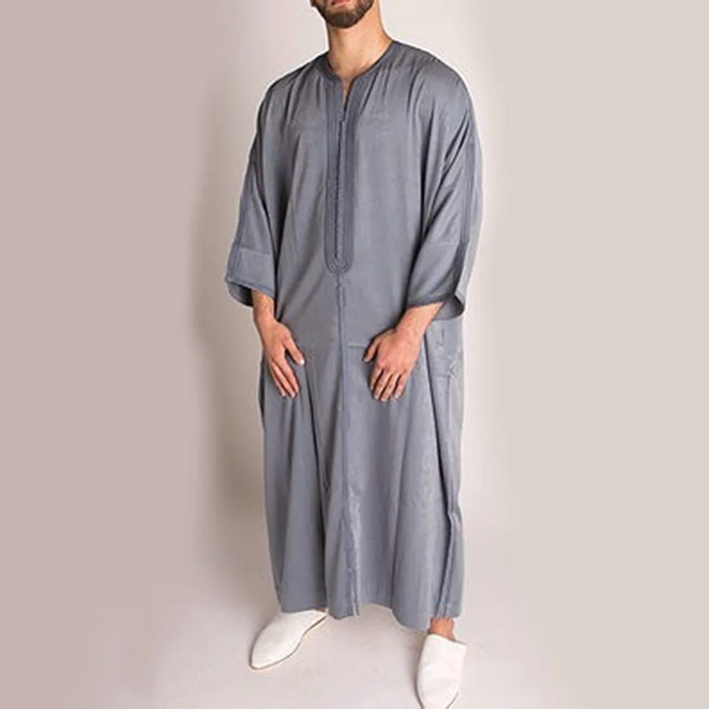 2022 Summer New Gray National Style Men's Long Shirt Muslim Robe Pullover De Moda Musulmana Islamic Clothing Muslim Men Clothing