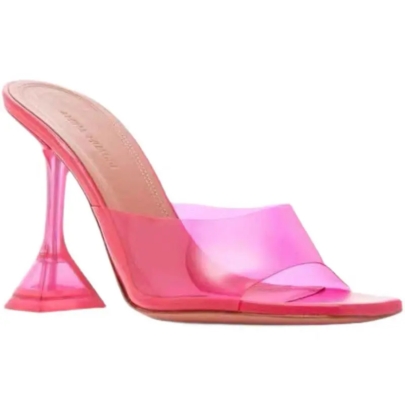 

2022 Fashion Transparent Crystal Heel Slippers Women's Summer New Fashion Wine Glass Heel Square Toe Fashion Sandals